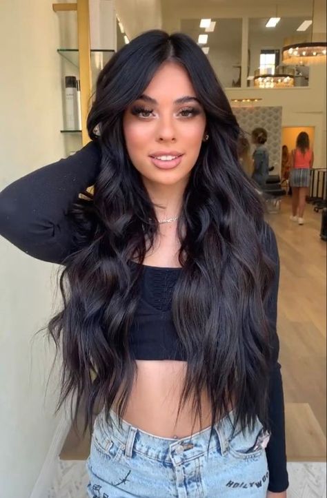 Long Black Hair Extensions Styles, Long Dark Hair With Extensions, Long Black Extensions Hairstyles, Long Beach Waves Black Hair, Long Brown Hair Middle Part, Long Layered Hair With Extensions, Black Long Extensions, Long Dark Brown Hair With Extensions, Long Black Hair With Dimension