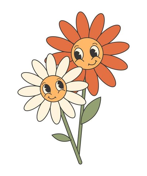 Retro groovy valentines day sticker. Cute and funny flower characters. 70s 60s cartoon aesthetics 60s Aesthetic Art, Groovy Valentines, 60s Cartoons, Cute Flower Drawing, 70s Cartoons, Retro Painting, Procreate Ipad Art, Flower Graphic Design, Hippie Flowers