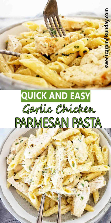 Fork in bowl of chicken pasta with parmesan sauce. There is text written between 2 images. Chicken Recipes With Parmesan Garlic Sauce, Chicken Parmesan Pasta Recipe Easy, Chicken Garlic Pasta Recipes, Pasta With Olive Oil And Garlic Chicken, Chicken Parmesan Penne Pasta, Pulled Chicken Pasta Recipes, Creamy Garlic Chicken Parmesan Pasta, Easy Garlic Parmesan Pasta, Garlic Parmesan Chicken Pasta Instapot