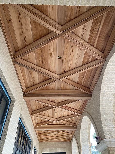 New Growth Cypress Pecky Loggia Ceiling Pecky Cypress Ceilings, Wood Ceilings Ideas, Living Ceiling Design, Pecky Cypress Walls, Hardwood Ceiling, Exterior Wood Trim, Ceiling Remodel, Kitchen Ceiling Design, Small Sunroom