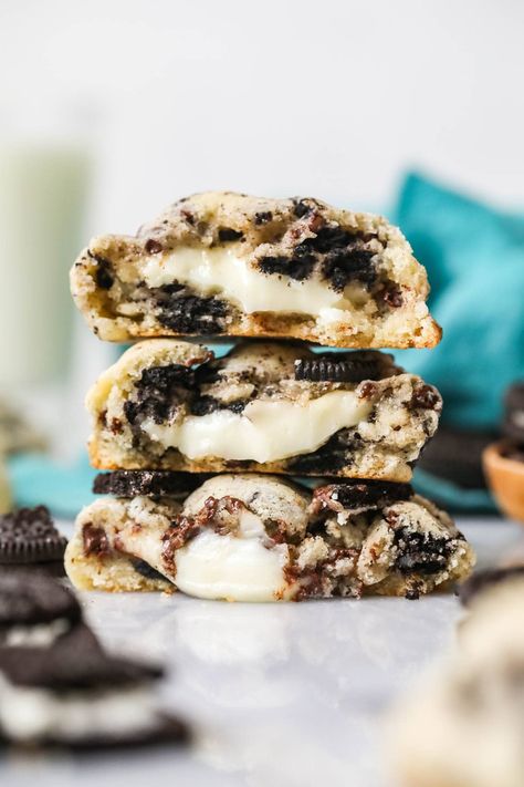 Oreo Cheesecake Filled Cookies, White Chocolate Reeses Cheesecake Cookie, Cookies And Cream Cheesecake Cookies, White Chocolate Reese Cheesecake Cookies, Cheesecake Oreo Cookies, White Chocolate Reese’s Cheesecake Cookies, Oreo Cheesecake Cookies Recipe, Oreo Cookies And Cream Cookies, Cookies N Cream Dessert