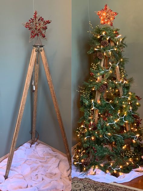 I wanted a unique Christmas tree for our Survey Engineering Firm so I took an antique survey tripod and made a tree!  #survey #engineering #christmas #unique #christmastree #surveychristmastree Christmas Vibes Aesthetic, Apartment Christmas, Wall Christmas Tree, Christmas Crafts For Toddlers, Classroom Christmas, Flocked Christmas Trees Decorated, Cozy Christmas Decor, Creative Christmas Trees, White Christmas Trees