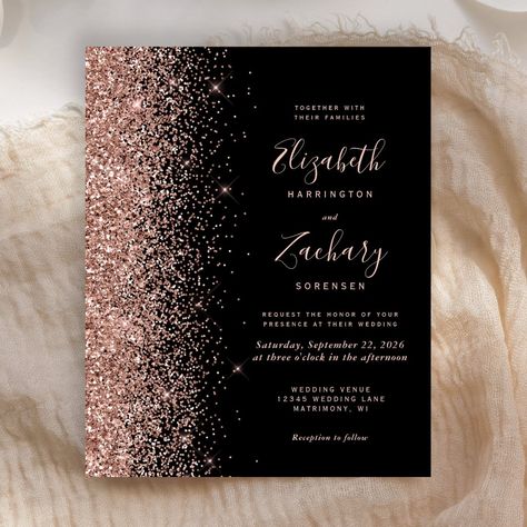 The left-hand edge of this elegant modern wedding invitation features a rose gold faux glitter border. The customizable text combines pale rose gold blush colored handwriting, copperplate and italic fonts on a black background. The reverse side features a matching black and rose gold design. Black Gray Rose Gold Wedding, Rose Gold White And Black Wedding, Pink And Black Wedding Decor, Rose Gold And Black Wedding Theme, Black And Rose Gold Wedding, Blush And Black Wedding, White And Rose Gold Wedding, Blush Pink And Black Wedding, Lana Wedding