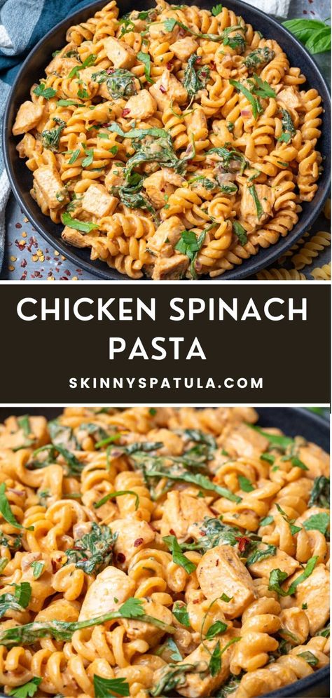 Chicken Spinach Pasta – Skinny Spatula Healthy Chicken And Spinach Pasta, Spinach With Chicken Recipes, Dinner With Chicken And Spinach, Ground Chicken Spinach Pasta, Fresh Spinach Pasta Recipes, Spinach In Pasta, Chicken And Fresh Spinach Recipes, Ground Chicken Spinach Recipes, Chicken Veggie Pasta Recipes