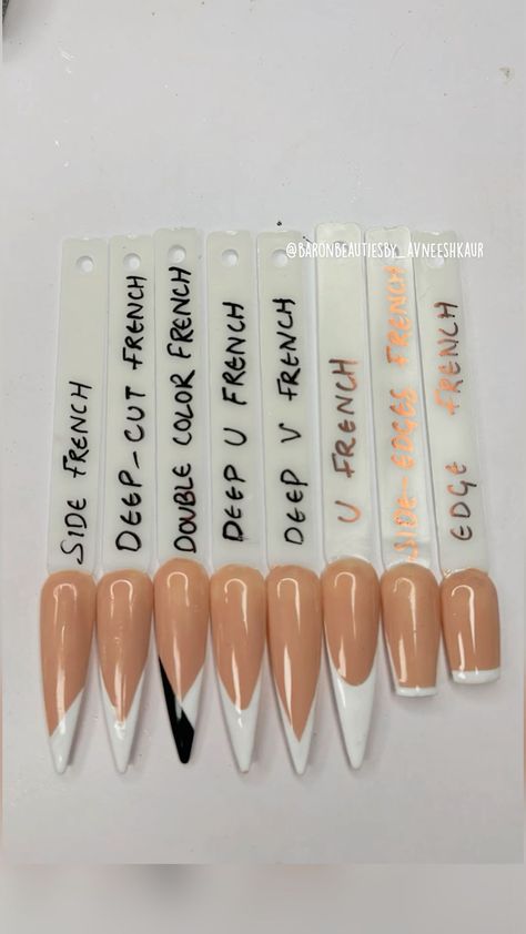 Different Shaped French Tips, Type Of Nails Acrylic, Different Shape French Tip Nails, Type Of Nail Designs, Styles Of French Tips, Type Of French Nails, Types Of Nail Art Designs, Types Of Nail Tips, French Tip On Different Nail Shapes