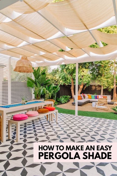 Backyard patio with patterned tile, long table and pergola with shade Pergola With Shade, Pergola Shade Diy, Designing A Garden, Retractable Pergola Canopy, Garden From Scratch, Pergola Shade Cover, Patio Sun Shades, Pergola Diy, Cozy Garden