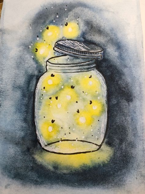 Jar With Fireflies Tattoo, Light Bulb Watercolor, Firefly Watercolor Paintings, Watercolor Fireflies, Watercolor Lightbulb, Firefly Watercolor, Watercolor Jar, Jar Of Fireflies, Firefly Drawing