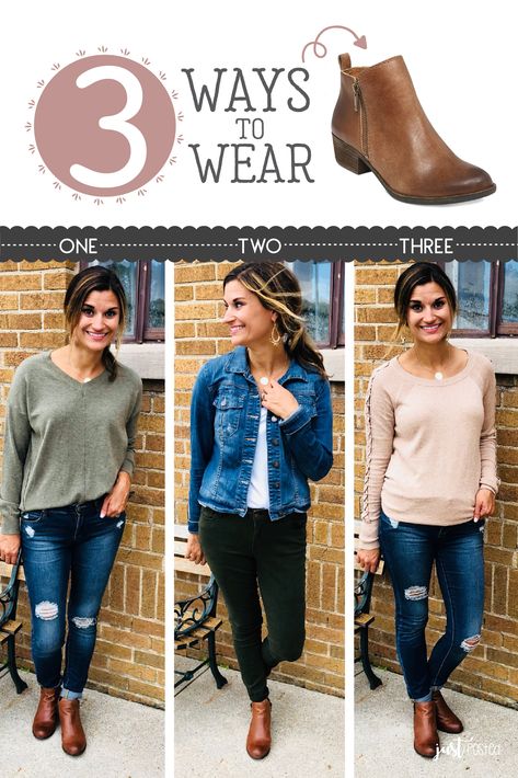 3 ways to wear these comfy Lucky Brand chestnut booties! I think these are perfect for fall and winter. These come in 6 different colors and are just perfect to complete any outfit! These are so comfortable and look great with SO many things! You can dress them up or down and they would be a great addition to your capsule wardrobe! Lucky Brand Booties Outfit, Fall Minimalist Wardrobe, Autumn Outfits Women, Minimalist Mom, 3 Ways To Wear, Booties Outfit, Leopard Shoes, Minimalist Capsule Wardrobe, Winter Capsule Wardrobe