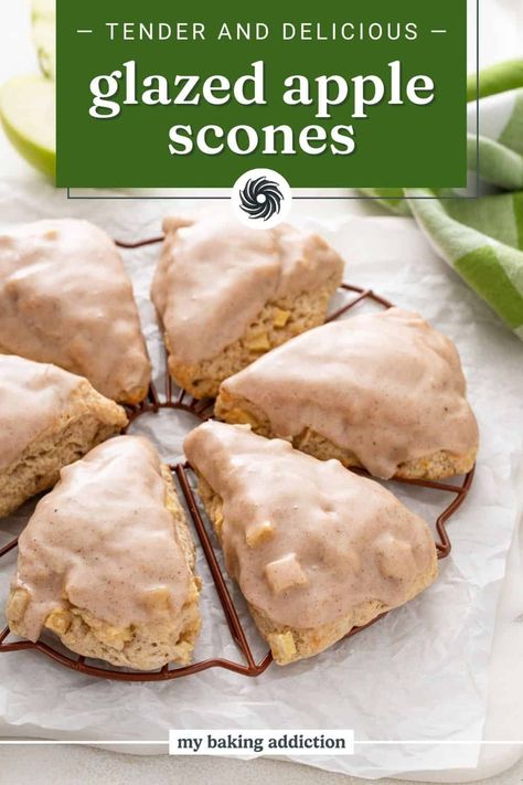 Tender scones are studded with pieces of fresh apple and topped with a spiced vanilla glaze. These apple scones are a delightful fall breakfast or afternoon snack. Pizza Scones, Easy Fall Recipes Breakfast, Apple Scone Recipes, Scone Cookies, Fall Scone Flavors, Apple Scones Recipe Easy, Apple Scones Recipe, Best Scones, Fall Scones Recipe