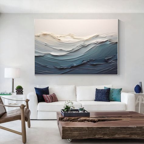 Artwork For Home Living Room, Canvas On Wall Ideas, Coastal Living Room Art, Canvas Wall Art Ideas, Wave Oil Painting, Wall Art Idea, Abstract Minimalist Painting, Home Backyard, Ocean Home Decor