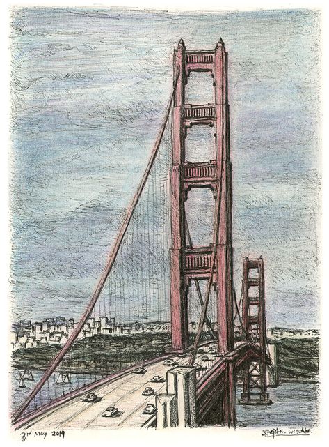 Golden Gate Bridge, San Francisco - originals and prints by Stephen Wiltshire MBE San Francisco Drawing, Golden Gate Bridge Drawing, Stephen Wiltshire, Golden Gate Bridge Art, Bridge Drawing, San Francisco Bridge, Architecture Artists, Watercolor Pencil Art, Bridge Art