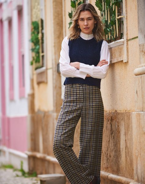 Wool Trousers Women Outfit, Checked Trousers Outfit, Trousers Women Outfit, Wide Leg Trousers Outfit, Teacher Costume, Shirred Blouse, Thrift Inspo, Trousers Women Wide Leg, Lace Trim Blouse