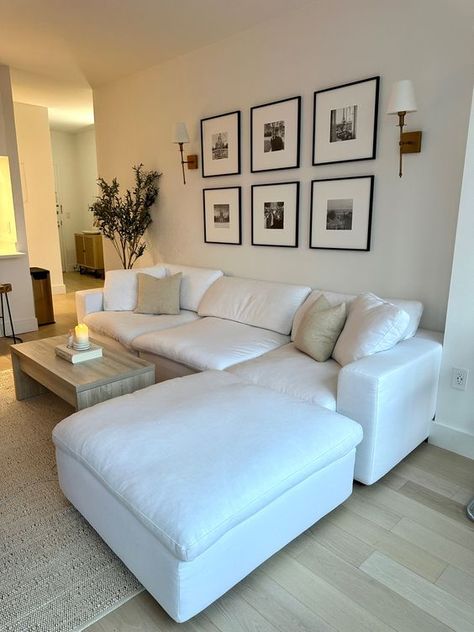 Styling A Cloud Couch, Cloud Couch With Accent Chairs, White Couch Living Room Apartment, White Cozy Couch, Neutral Apartment Inspiration, Living Room Neutral Aesthetic, Neutral Beach Apartment, Apartment Decor Gender Neutral, Neutral Simple Living Room