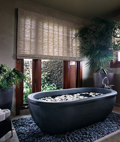 Hot Bathroom Trends: Freestanding Bathtubs Bring Home The Spa Retreat Tropical Bathroom Decor, Tropical Bathroom, Zen Bathroom, Stone Bathtub, Bathroom Retreat, Bathtub Design, Bathroom Trends, Bad Design, Bathroom Spa