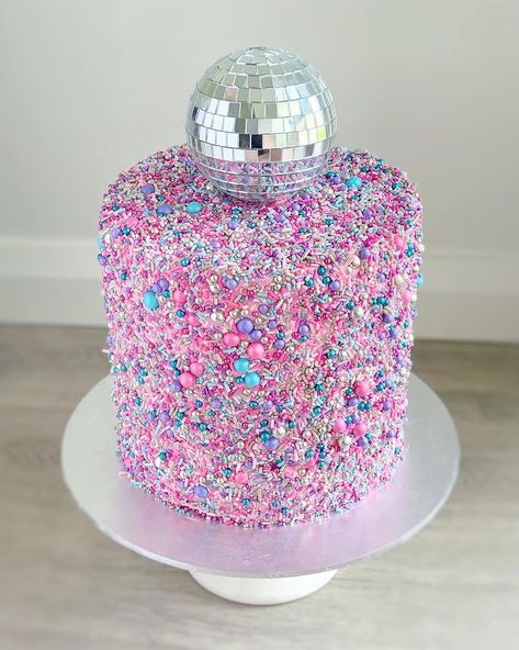 Keeley Crumbs | D I S C O ::. . . A customised sprinkle mix to cover this sparkly girly disco theme birthday cake for one of my little friends Edie. This… | Instagram Festival Theme Birthday Cake, Sweet Themed Cake, In My Double Digits Era Cake, Dance Party Birthday Cake, Disco Slumber Party, Birthday Era Cake, Disco Themed Birthday Party Decoration, Hannah Montana Birthday Cake, In My Birthday Era Cake