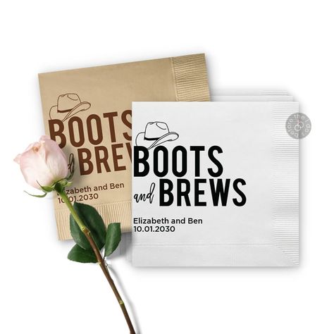 Boots And Brews Before The I Dos, Western Themed Engagement Party, Western Engagement Party, Cowboy Themed Wedding, Country Engagement Party, Engagement Party Napkins, Napkin Wedding, Personalized Wedding Napkins, Wedding Western