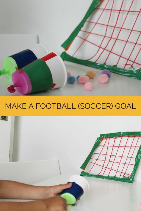 How to make a football goal / soccer goal craft Pom Pom Shooters, Sport Themed Crafts, Soccer Crafts, Soccer Camp, Football Goal, Football Crafts, Make Paper Flowers, Soccer Theme, Holiday Club