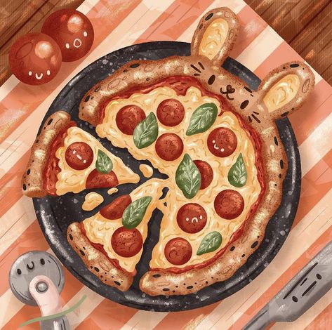 @abbeyandbear Bunny Pizza, Animal Shaped Foods, Pizza Drawing, Chibi Food, Pizza Art, 귀여운 음식 그림, Food Artwork, Food Cartoon, Food Illustration Art