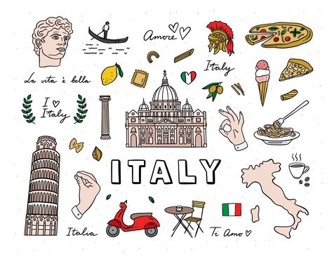 Italy Poster Board Project, Italy Drawing Easy, Italy Doodles, Italy Symbols, Italy Clipart, French Travel Phrases, Italian Symbols, Italy Drawing, Italy Illustration