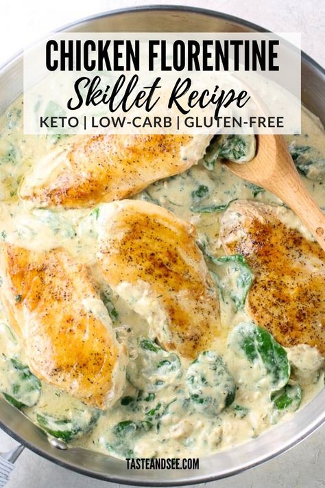 This 30-minute Chicken Florentine Skillet is loaded with so much creaminess and delicious flavor, plus it's low-carb, keto-friendly, and gluten-free! Perfectly sautéed chicken breasts nestled in a creamy cheesy wine sauce with fresh spinach. #TasteAndSee Chicken Spinach Healthy, Healthy Chicken Florentine Recipe, Sauteed Spinach And Chicken, Low Carb Chicken And Spinach Recipes, Chicken And Spinach Keto Recipes, Healthy Chicken Florentine, Keto With Spinach, Keto Fresh Spinach Recipes, Low Carb Recipes With Spinach