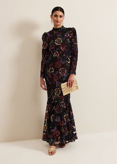 Lelo Sequin Long Sleeved Maxi Dress | Phase Eight UK | Petite Party Dress, Sleeved Maxi Dress, Moody Florals, Coat Guide, Partywear Dresses, Velvet Clothes, Sequin Outfit, Christmas Party Outfits, Evening Dress Fashion