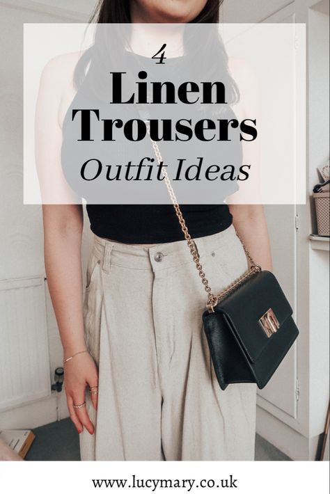 A woman wearing a black vest top and neutral linen trousers. Stone Linen Trousers Outfit, Beige Linen Trousers Outfit, Linen Trouser Outfit, Linen Trousers Outfit Summer, Black Linen Trousers Outfit, White Linen Trousers Outfit, Linen Trousers Outfit, Holiday Trousers, White Linen Trousers