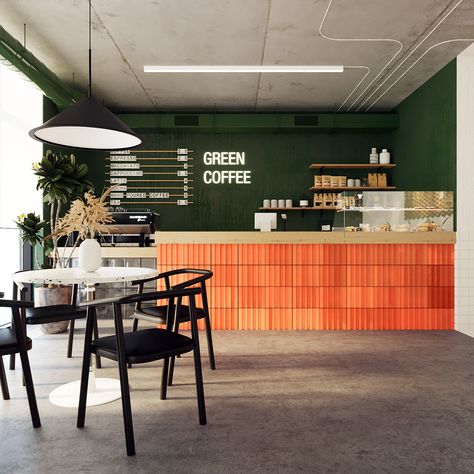 GREEN COFFEE | coffee shop on Behance Green Coffee Bar, Industrial Coffee Shop, Coffee Shop Counter, Green Cafe, Cafe Shop Design, Home Coffee Bar, Coffee Shops Interior, Modern Restaurant, Coffee Shop Design