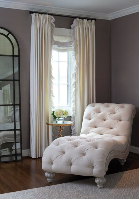 In the corner, a #chaise from Tuscany Designs in Frederick, Maryland French Chaise Lounge, Bedroom Reading Corner, Transitional Bedroom, Chaise Lounges, Elegant Bedroom, Reading Corner, Master Bedrooms Decor, Chaise Lounge Chair, Beautiful Bedrooms