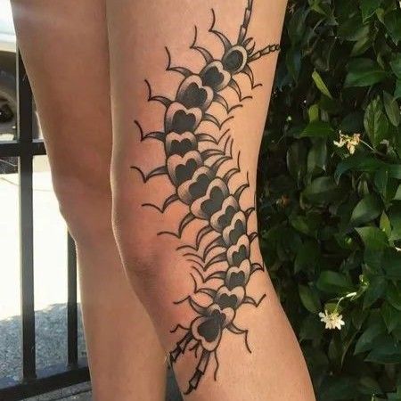 Centipede Tattoos, Side Knee Tattoo, Gay Tattoos, Traditional Tattoo Arm, Centipede Tattoo, Popular Tattoo Designs, Tattoos For Females, Patchwork Tattoos, Knee Tattoos