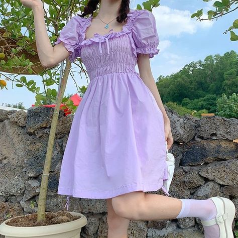 Moda Ulzzang, Purple Outfits, Short Summer Dresses, Kawaii Fashion Outfits, Korean Fashion Dress, Kawaii Dress, Puffed Sleeves Dress, Kawaii Fashion, Purple Dress