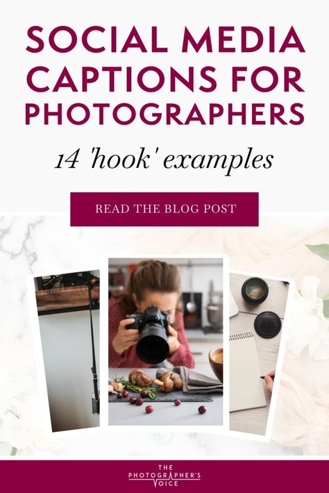 Pin graphic titled: social media captions for photographers (14 hook examples) Camera Quotes Inspiration, Captions For Photographers, Facebook Captions, Photography Captions, Social Media Captions, Photographer Quotes, Camera Quotes, Captions For Couples, Photographer Marketing