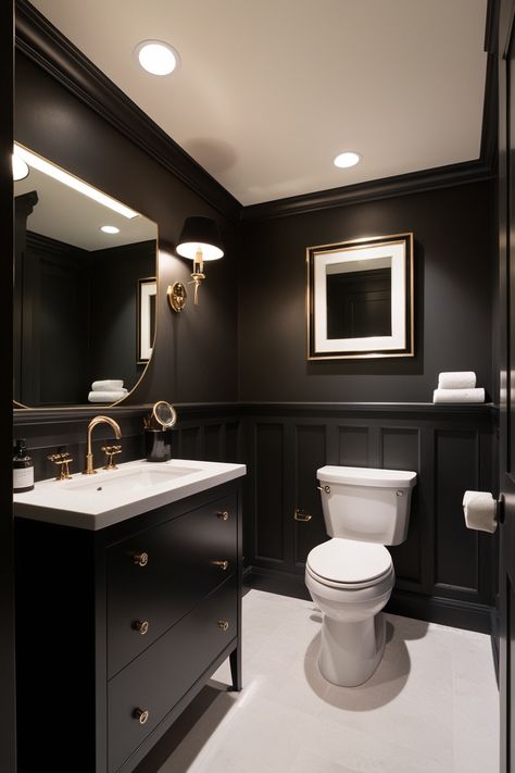 Black Powder Room Designs Dark Painted Powder Room Ideas, Dark Gray Half Bath, Half Bath Black Accent Wall, Dark Wc Ideas, Half Bath Black Vanity, Black Color Drenched Bathroom, Dark Bathroom Inspiration, Dark Powder Bath, Toilet Closet Ideas Accent Walls