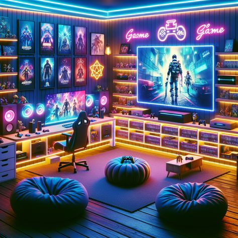 A gamer's haven adorned with iconic gaming memorabilia, neon lights and high-tech consoles. A sitting area with bean bags complements the large screen TV for immersive playtime. It's inviting yet exudes a serious gamer's vibe. #GamingRoom #ManCave #VideoGames #GamingSetup #GameCollectibles #GamerLifestyle Arcade Setup, Biggest Bedroom, Gaming Loft, Garage Bars, Gamer Room Design, Anime Rooms, Area Games, Tv Set Up, Games Room Inspiration