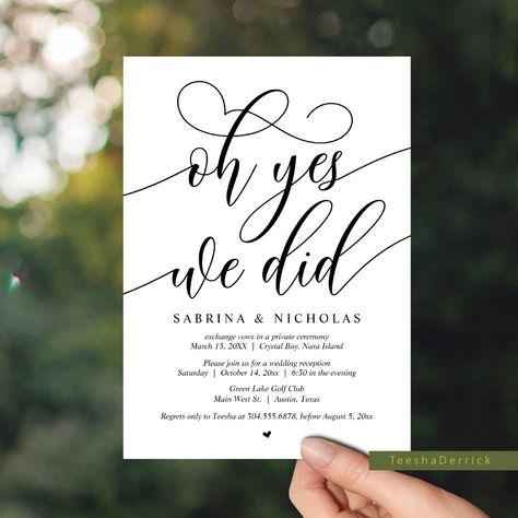 Wedding Elopement Party, Oh Yes, We Did Invitation We Got Hitched Reception Invitations, Outside Elopement, Casual Reception Decor, Suprise Wedding Party, We Do We Did We Eloped, Post Elopement Party Invitations, We Eloped Reception Invitations, Elopement After Party Ideas, Post Elopement Party Ideas