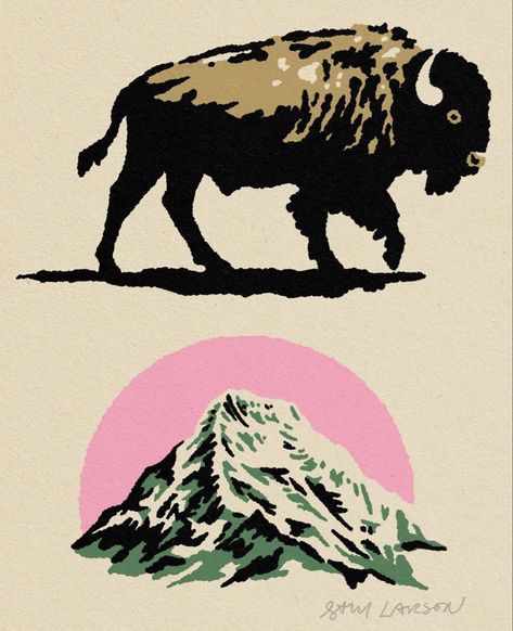 Buffalo Graphic Design, Cute Bison Drawing, Wildlife Graphic Design, Cowboy Graphic Design, Bison Illustration, Buffalo Illustration, Buffalo Drawing, Deer Graphic Design, Cowboy Illustration