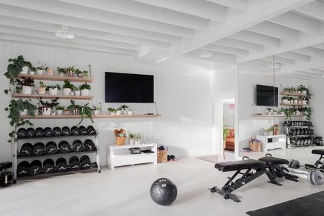 The Lifestyled Co, Max Humphrey, Shared Home Office, White Washed Floors, Open Family Room, Basement Gym, Exercise Room, Gym Room At Home, Home Gym Decor