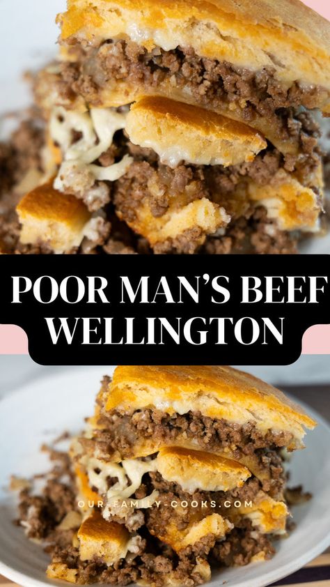 Looking for a budget-friendly, easy, and quick dinner idea? Try this Poor Man's Beef Wellington, made with just four ingredients: ground hamburger, Lipton dry onion soup mix, Pillsbury croissant rolls, and shredded cheddar cheese. Perfect for busy weeknights and loved by kids, this simple beef recipe is sure to become a family favorite! #BudgetFriendly #EasyRecipes #QuickMeals #BeefRecipes #FamilyDinner #KidApproved #WeeknightDinner #SimpleCooking