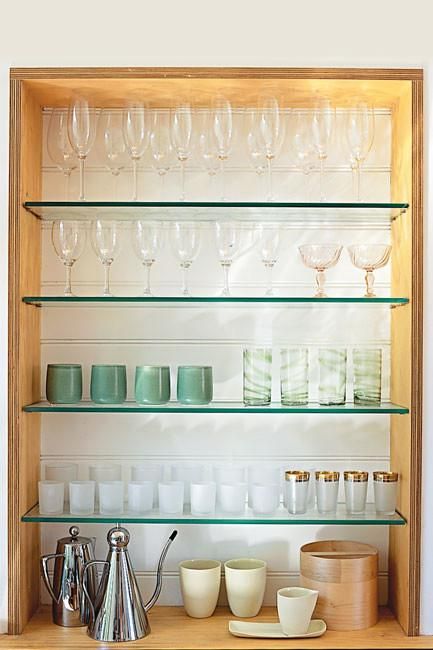 Modern French Provincial Kitchen, Kitchen Glass Cabinets Display, Kitchen Glass Shelves, Kitchen Glass Cabinets, Kitchen Cabinet Display, Provincial Kitchen, Wine Glass Display, French Provincial Kitchen, Modern French Provincial