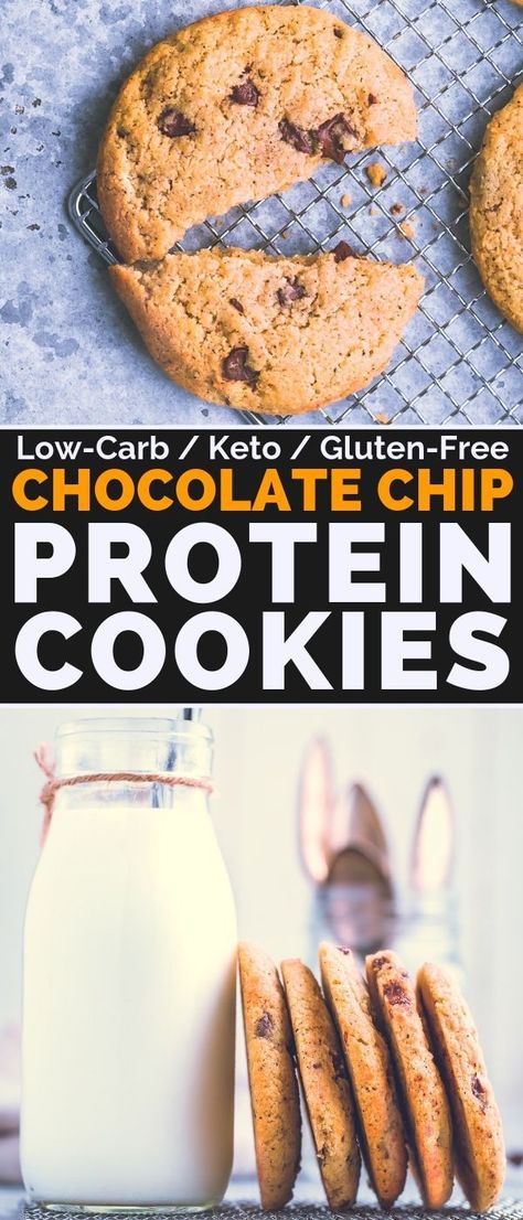 These Clean Eating Chocolate Chip Protein Cookies are my new addiction. You know you've found the secret to the perfect chocolate chip cookie when it gracefully melts and flattens in the oven while baking. And did I mention how healthy they were? Extra Buttery, slightly crunchy on the outside, chewy and soft in the inside, these gluten-free protein cookies are also sugar-free, low-carb and keto! | onecleverchef.com #glutenfreecookies #proteincookies #chocolatechipcookies #healthycookies Gluten Free Protein Cookies, Chocolate Chip Protein Cookies, Protein Chocolate Chip Cookies, The Perfect Chocolate Chip Cookie, Protein Options, Gluten Free Protein, Eating Chocolate, Low Carb Low Fat Recipes, Healthy Chocolate Chip