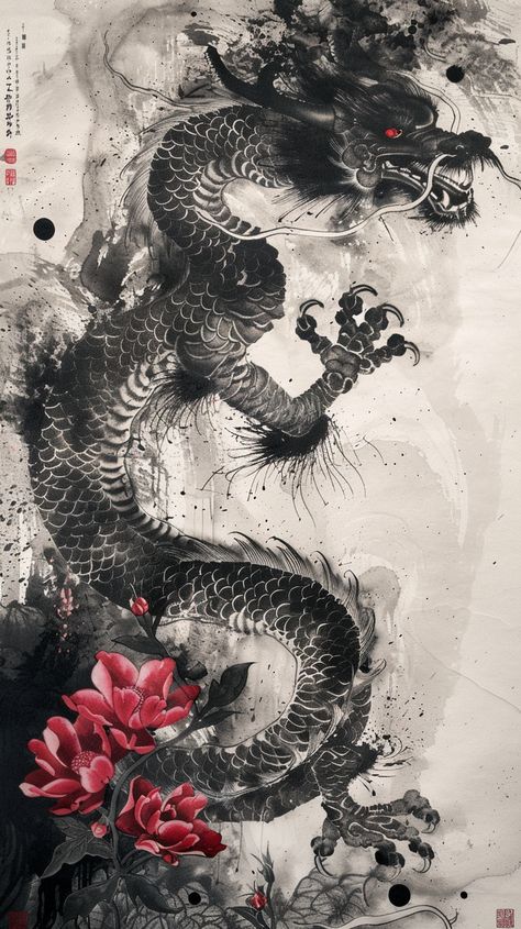 Traditional Japanese Art of Dragon and Flowers Dragon Print Aesthetic, Dragon Japanese Art, Traditional Japanese Art Style, Japanese Dragon Art, Dragons Japanese, Japanese Style Dragon, Japanese Ink Art, Traditional Japanese Dragon, Asian Mythology