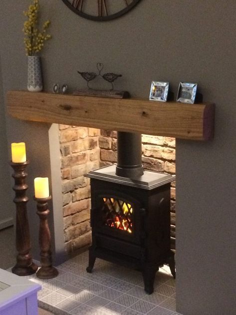 Lightly Worked Oak Beam Fireplace Oak Beam Fireplace, Wood Burner Fireplace, Wood Burning Stoves Living Room, Log Burner Living Room, Country Fireplace, Cosy Fireplace, Room Country, Cosy Living, Cottage Living Rooms