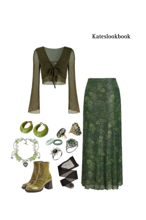 Hearth Witch Aesthetic Fashion, Whimsical Aesthetic Fashion, Green Goth Aesthetic Outfit, Earth Witch Aesthetic Outfit, Nature Witch Outfit, Green Witch Aesthetic Outfit, Green Witch Aesthetic Fashion, Witchy Vibes Outfit, Outfit Whimsigothic