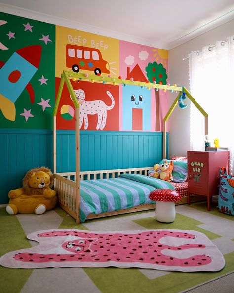 Charlie’s big boy room 🚀🐶🚌🏡🎨✨💘 Loved so much transforming his nursery into this magical toddler room! Let this also be a reminder that there’s no such thing as a boy or girl colour 🌈 #toddlerroom #kidsinteriors Nursery Design Colorful, Bright Colorful Nursery Ideas, Colorful Baby Room Ideas, Colourful Baby Room, Baby Room Colorful, Nursery Colourful, Primary Color Nursery, Colourful Kids Room, Toddler Boy Room Themes