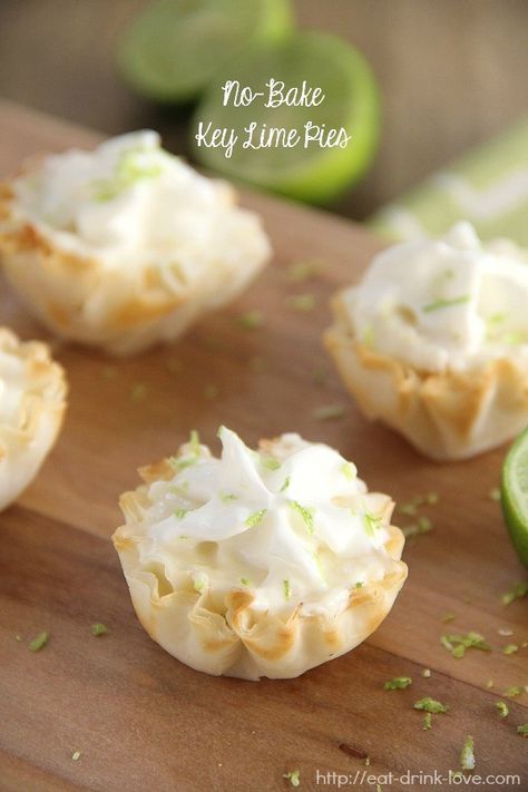 Family Get Together Desserts, No Bake Tartlets, Mini Key Lime Tarts, Mini Key Lime Pies No Bake, Mini Key Lime Pie Bites, Summer Finger Desserts, Key Lime Tarts Mini, Mini Phyllo Cup Desserts, Finger Lime Recipes