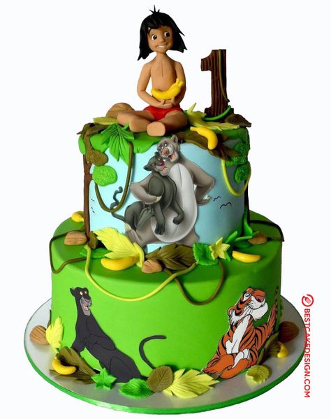 50 Jungle Book Cake Design (Cake Idea) - October 2019 Jungle Book Birthday Cake, Jungle Book Theme Cake, Mowgli Cake, Jungle Book Theme Birthday Party, Jungle Book Baby Shower Ideas, Book Cake Design, Mogli Jungle Book, Jungle Book Birthday Party, Jungle Book Cake