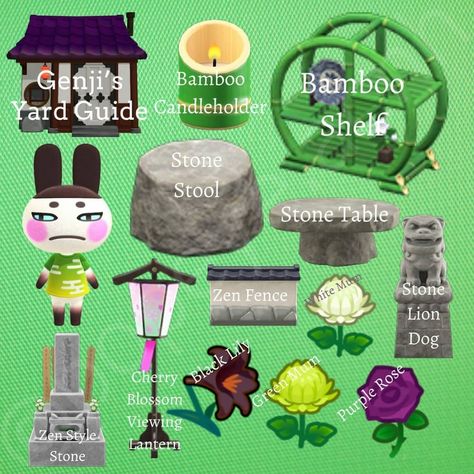 Julia 🌻 on Instagram: “Genji's yard guide! Who else do you want to see guides for? Made by @popeye.acnh AC partner @tory.crossing…” Acnh Genji, Acnh Yard, Animal Crossing 3ds, Stone Lion, Animal Crossing Guide, Stone Lantern, Acnh Designs, Island Theme, Rose Stone