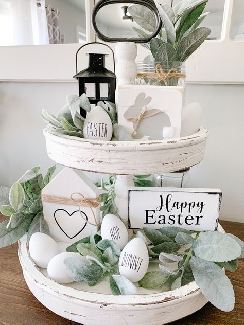 Neutral Easter Decor, Rae Dunn Spring, Spring Tiered Tray Decor, Rae Dunn Decor, Easter Wood Signs, Spring Tiered Tray, Red Tray, Tiered Tray Signs, Easter Tiered Tray