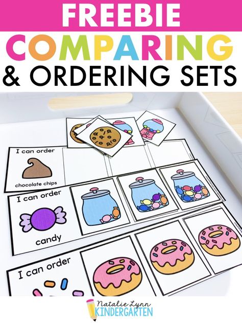 Make comparing numbers and ordering sets fun and engaging with these free kindergarten math centers and activities! Comparing Quantities Preschool, Making Sets Kindergarten Math, Comparing Activities For Kindergarten, Comparing Sizes Kindergarten, Comparing Numbers Kindergarten Games, Ordering Numbers Kindergarten, Comparing Numbers Preschool, Early Finishers Kindergarten Free, Ordering Sets From Least To Greatest Kindergarten