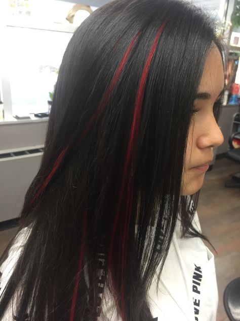 Black Hair W Red Underneath, One Strand Of Color In Hair Behind Ear, One Hair Strand Dyed, One Strand Dyed Hair, Underdye Hair Black, Dyed Strands Of Hair, One Strand Of Hair Dyed, One Strip Of Color In Hair, Red Strands In Hair