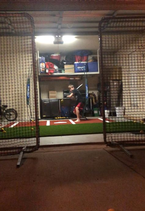 Garage batting cage Baseball Garage Ideas, Garage Batting Cage, Indoor Batting Cage, Baseball Workouts, Softball Ideas, Baseball Practice, Batting Cage, Backyard Baseball, Batting Cages